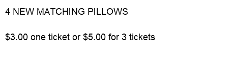 4 NEW MATCHING PILLOWS $3.00 one ticket or $5.00 for 3 tickets