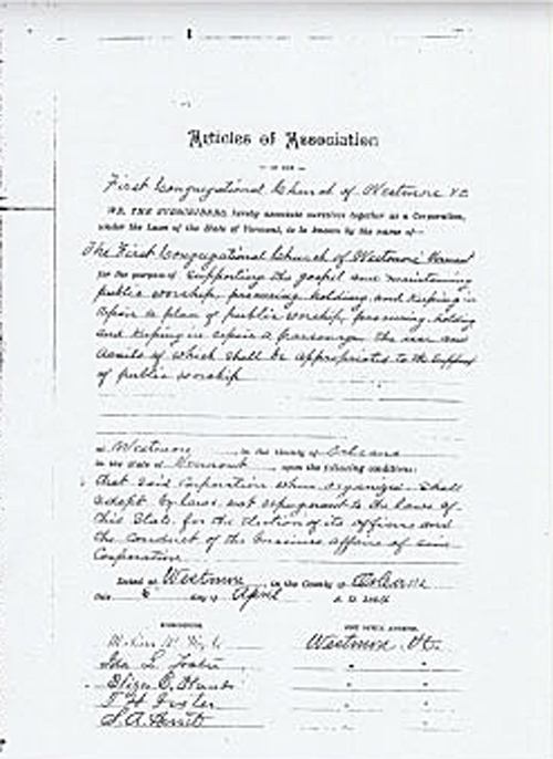 Articles of Association for the Westmore Community Church in Westmore, VT